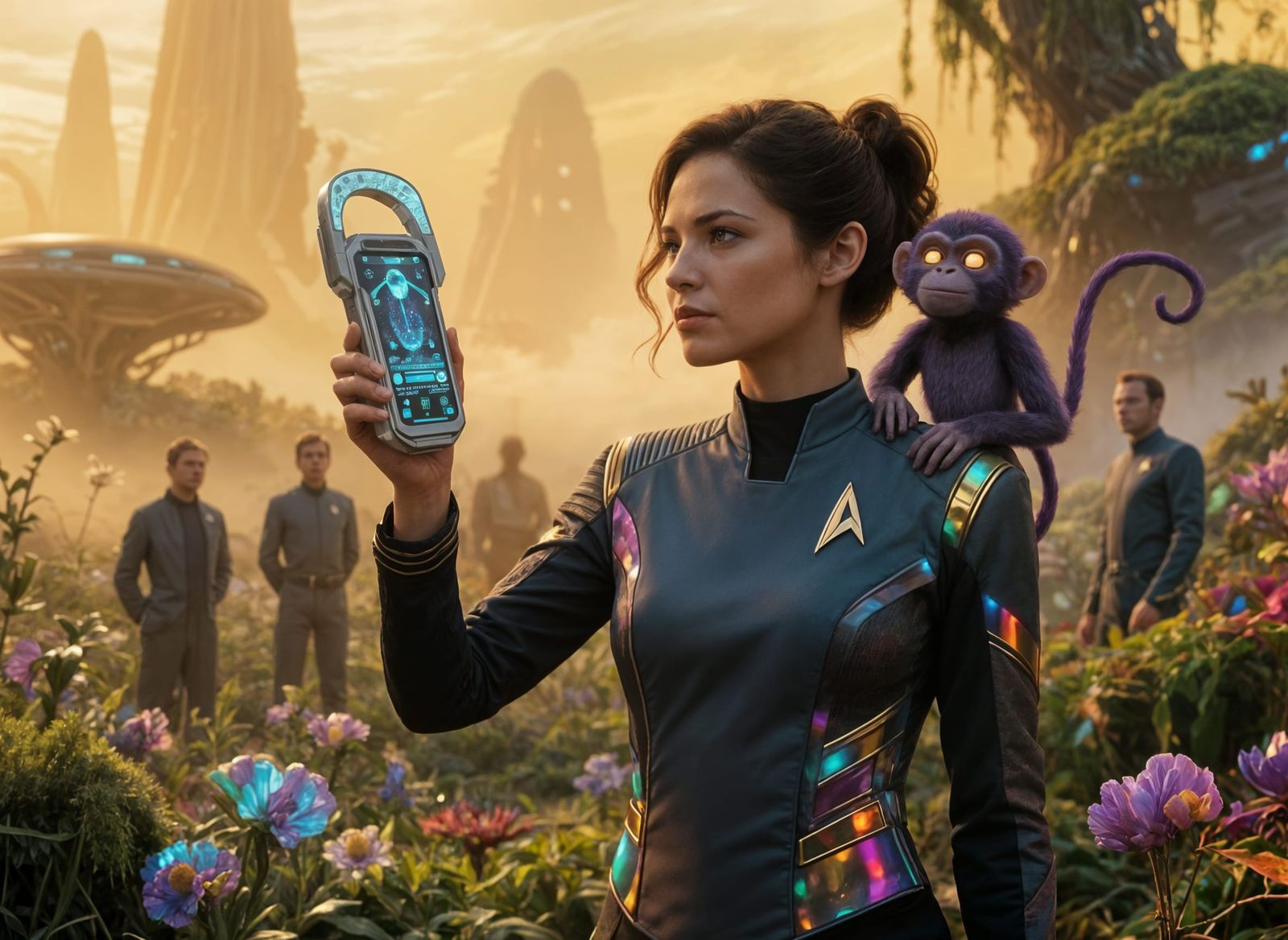 Starfleet Officer and Alien Companion on New Planet