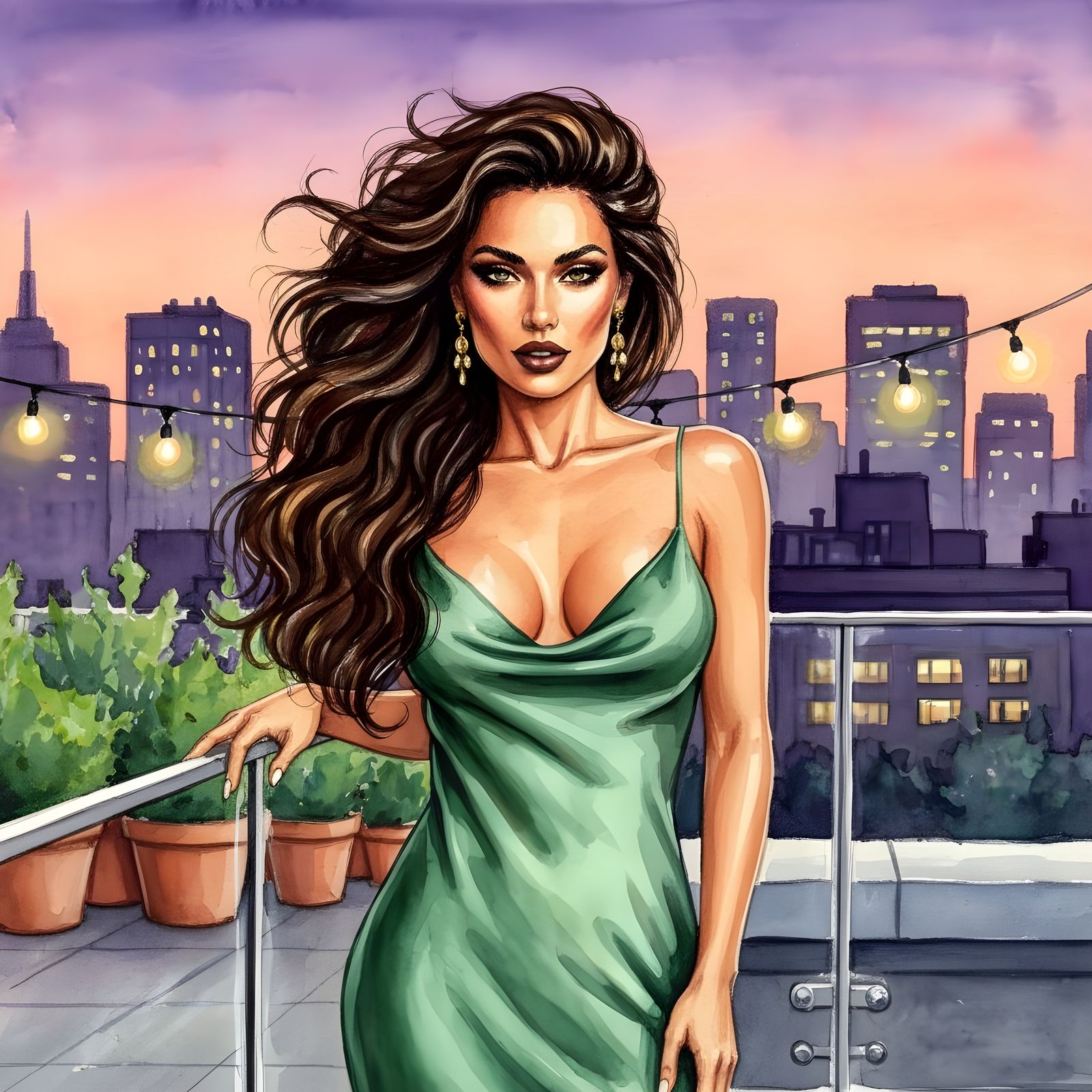 Watercolor Portrait of a Woman on Urban Rooftop at Twilight