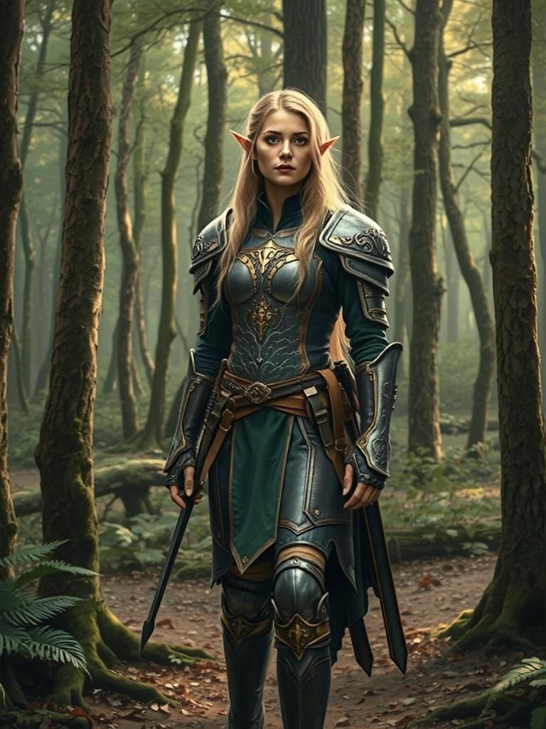 An Elf Female warrior, clad in intricately crafted heavy lea...