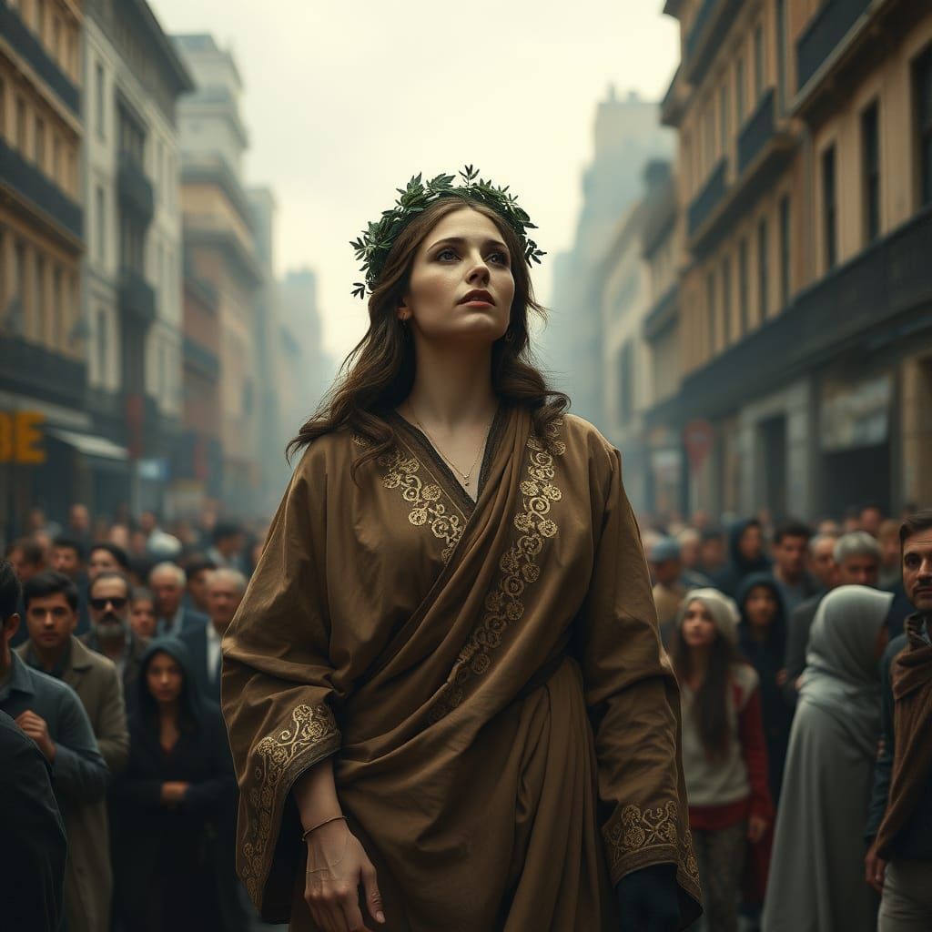 Melancholic Wisdom Calls Out in City Street, Symbolic Realis...