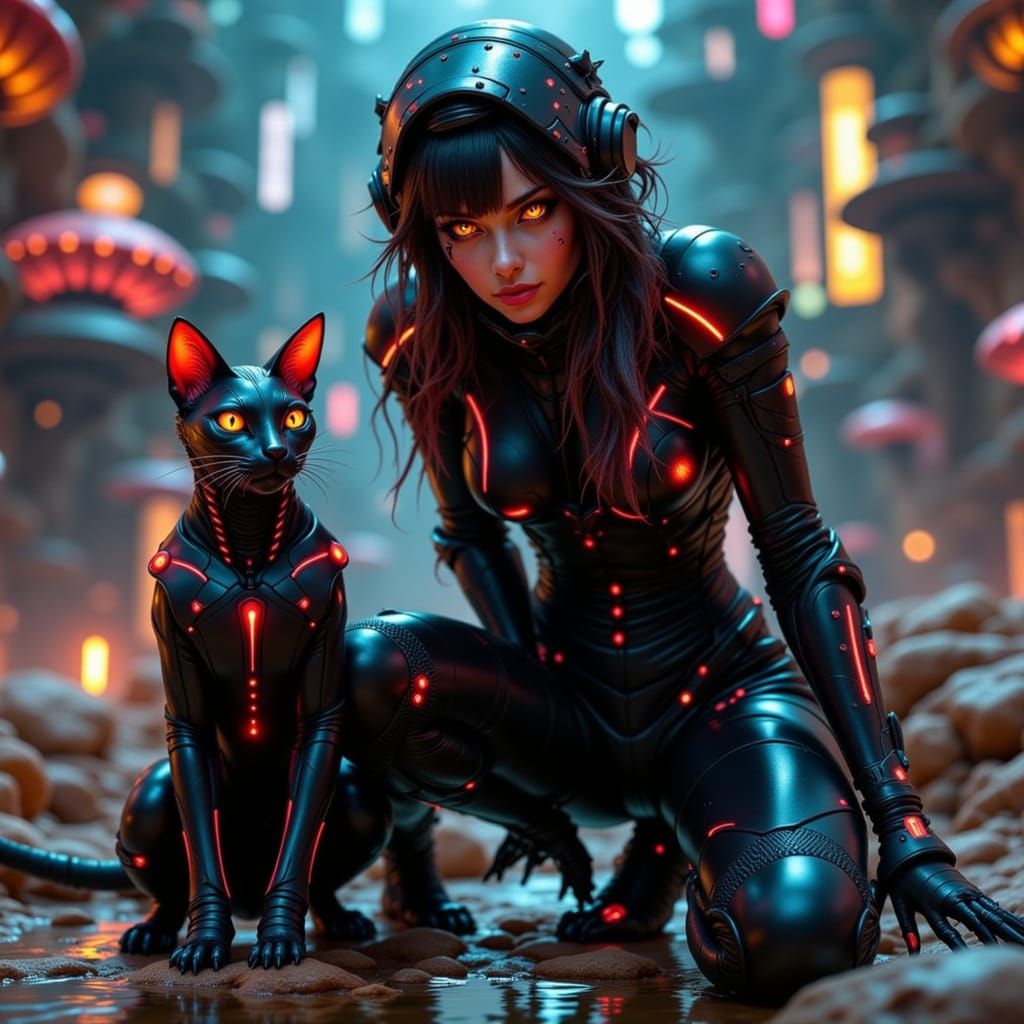 Cyberpunk Heroine with Feline Companion in Dystopian Citysca...