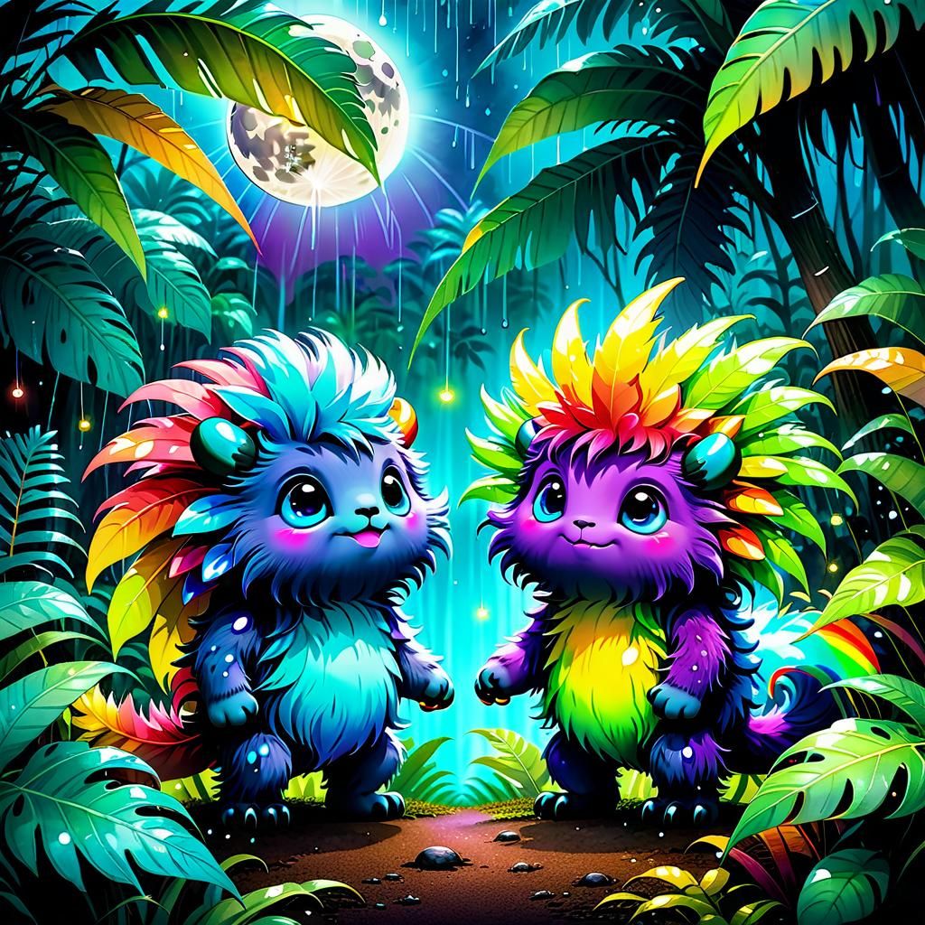 Cute Rainbow Monsters in Enchanted Forest Illustration