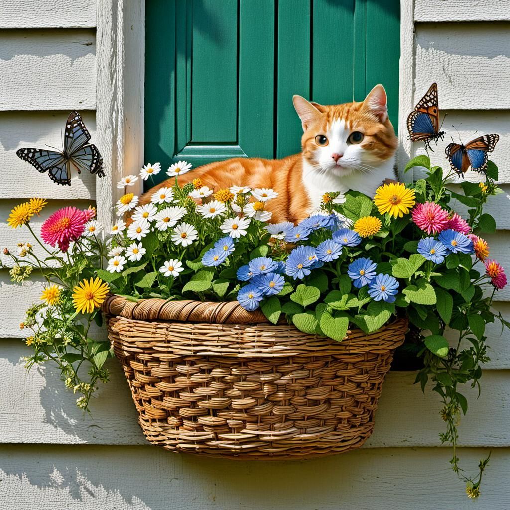 Blooming Balcony with Cat, Birds and Flowers
