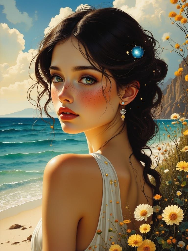 Romanesque Girl on Serene Beach at Golden Hour