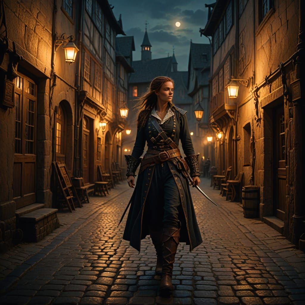 Female Pirate in Medieval Street at Night