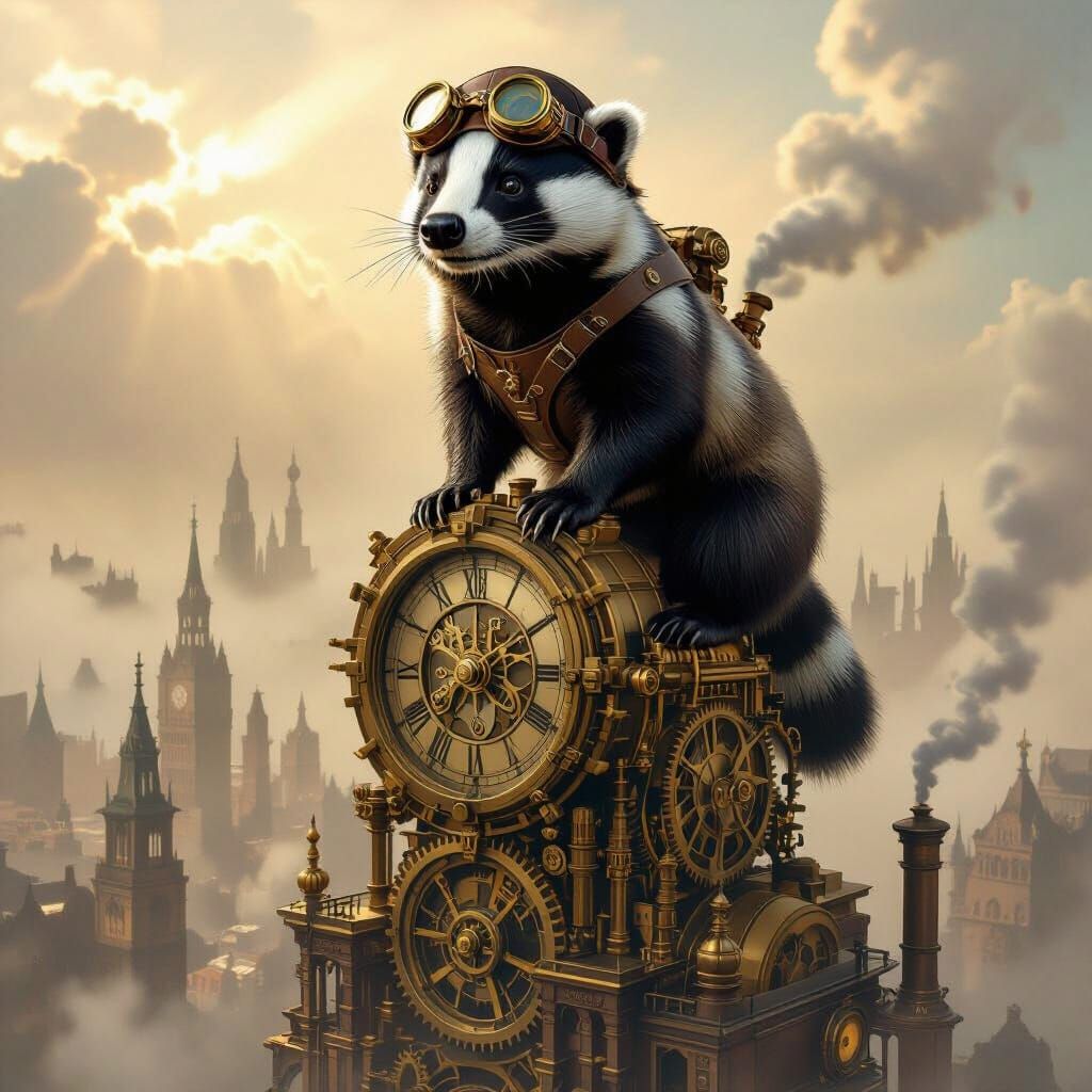 Steampunk Badger on Clockwork Cityscape