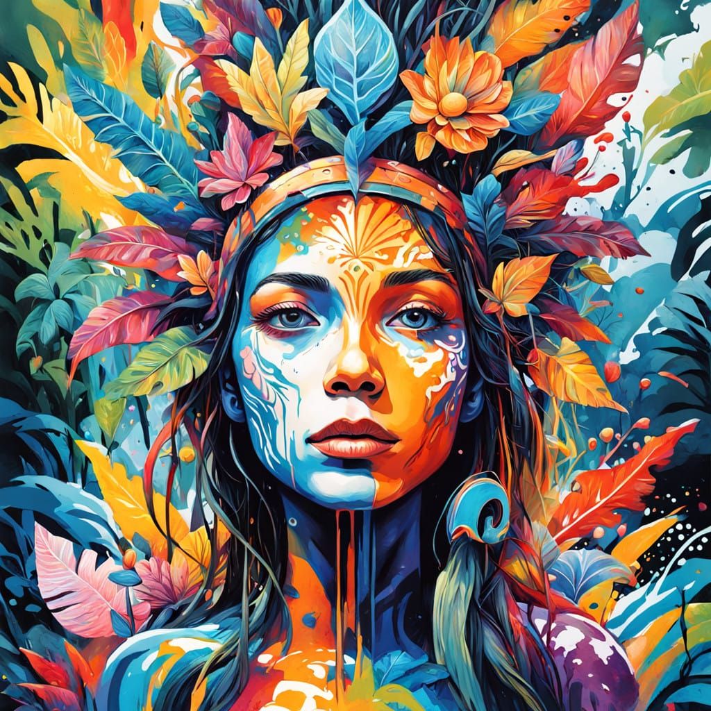 Surreal Tropical Goddess Emerges from Vibrant Island Paradis...