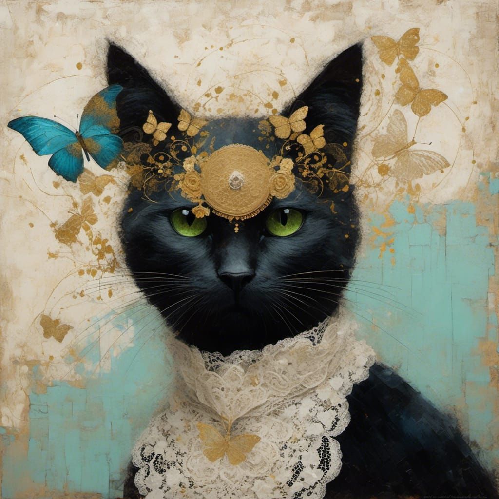 Surreal Black Cat Portrait with Butterfly Wings