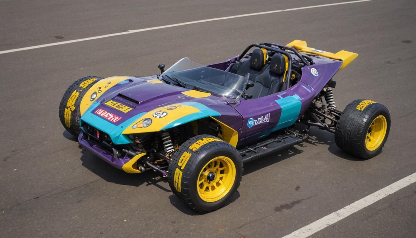 Retro-Futuristic Bubble Buggy in Purple, Yellow, and Teal