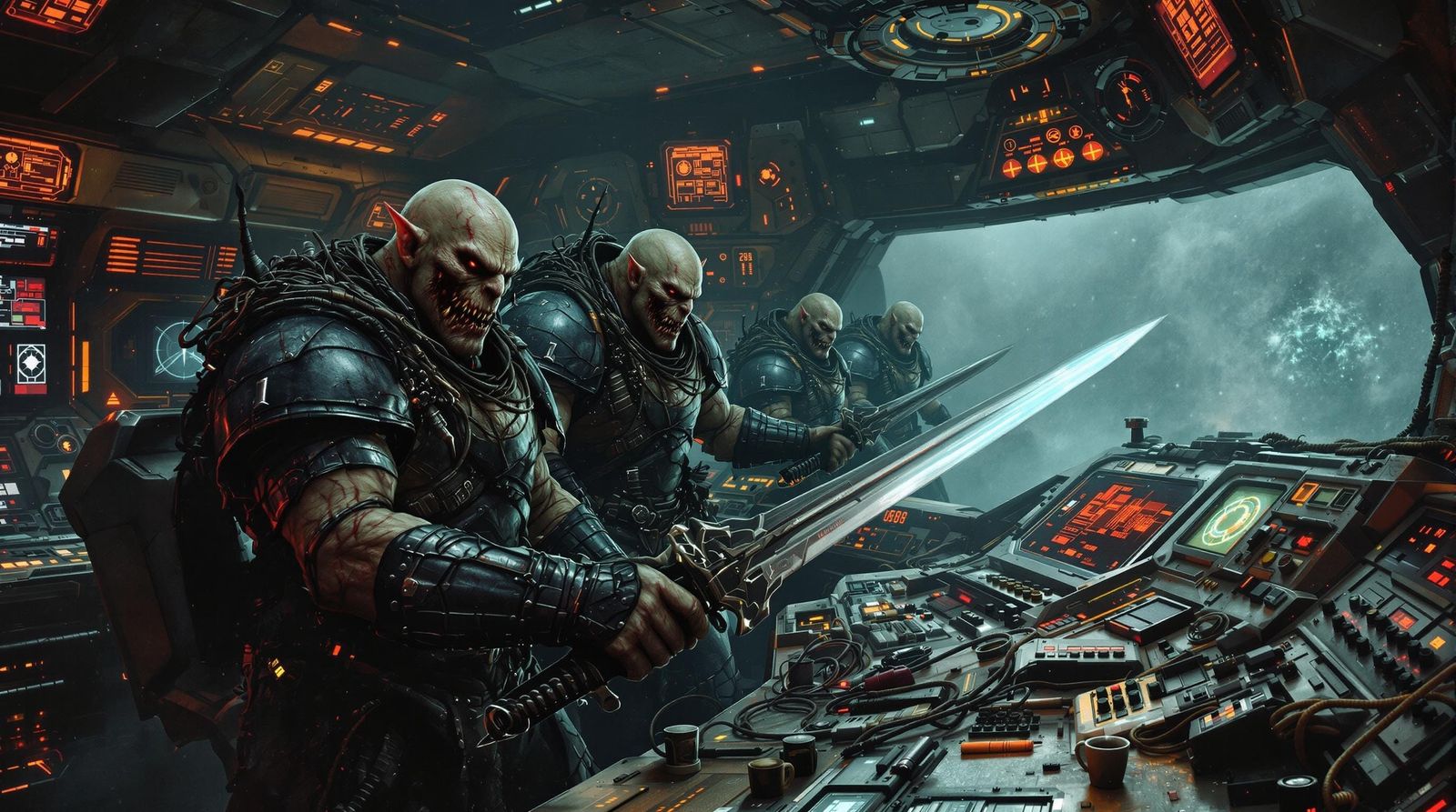 Gritty Orc Spacemen Command Advanced Battleship in Dark, Ind...
