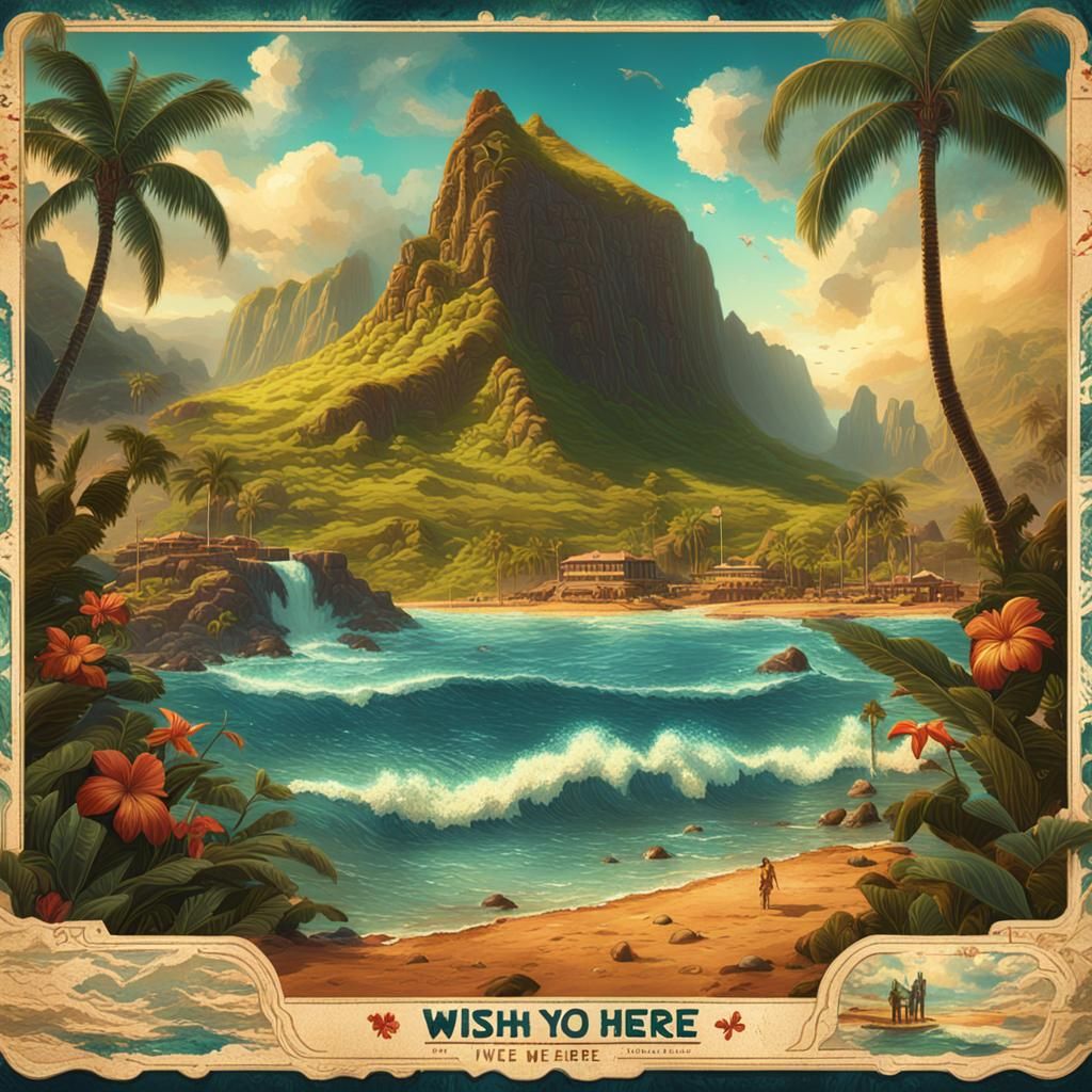 Vintage Hawaiian Postcard Art in Matte Painting Style