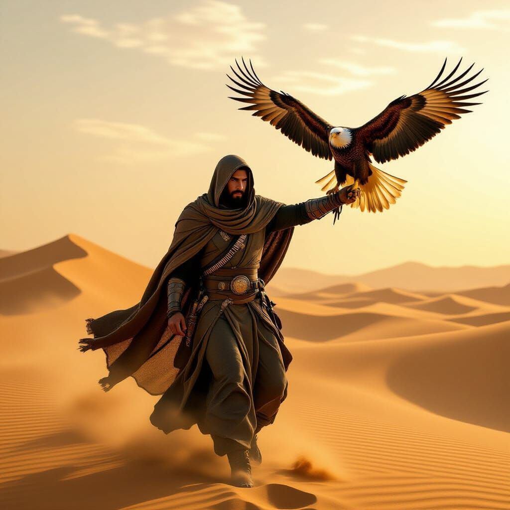 Desert Warrior with Steppe Eagle in Golden Hour Light