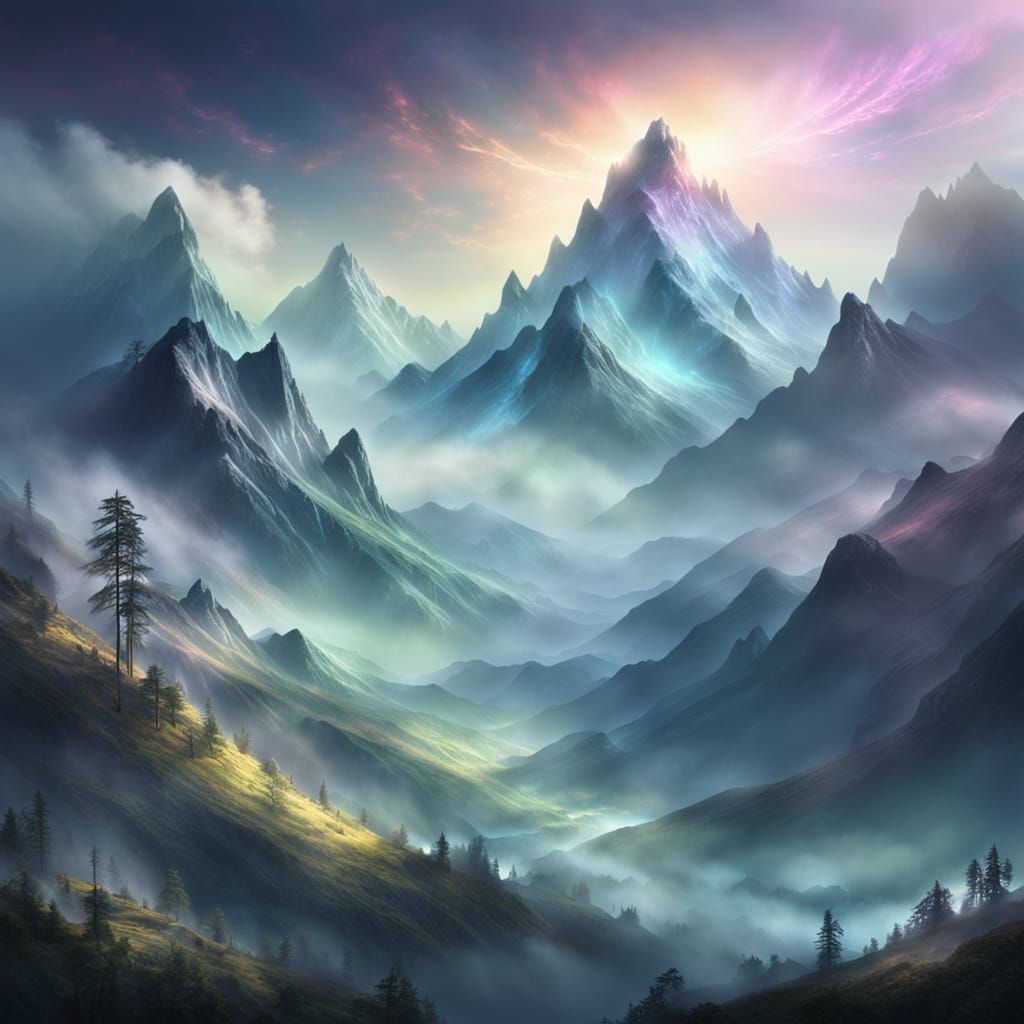 Mystical Mountain Landscape in Iridescent, Ethereal Mist