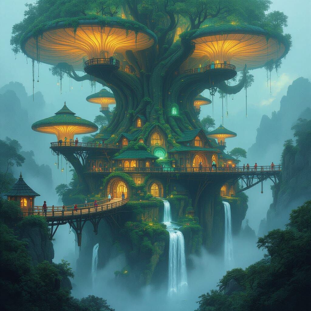 Ancient Treehouse City Hideout with Bioluminescent Flora
