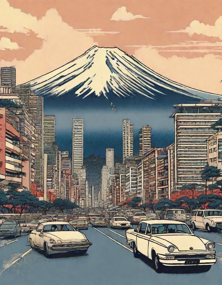 Art by Katsushika Hokusai, modern city traffic jam, vehicles reimagined in ukiyo-e style, skyscrapers as Mt. Fuji, subtl...