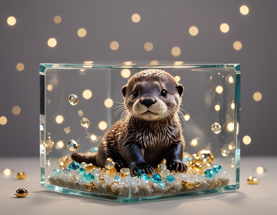 Adorable Baby Otter in Glass Jewelry Box