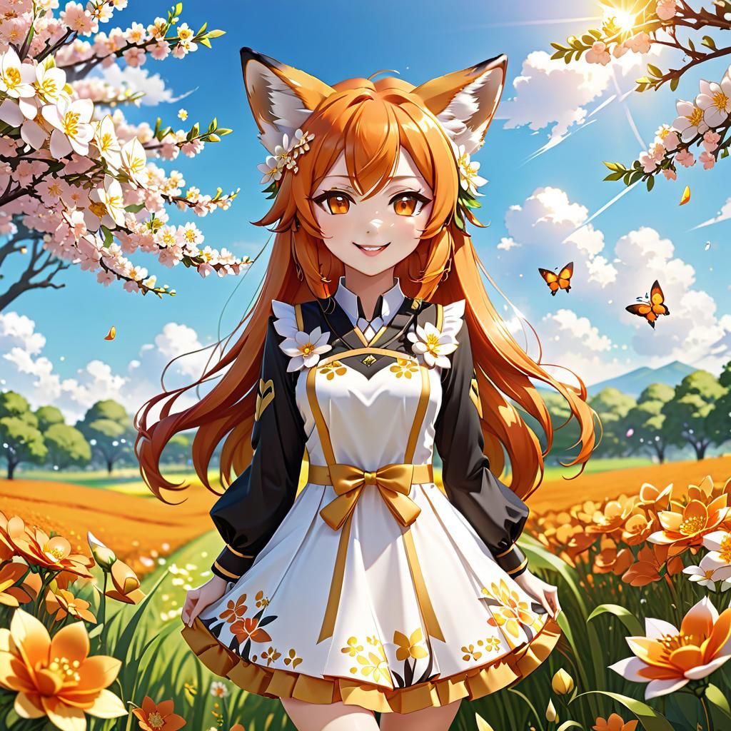Cute Chibi Fox-Eared Girl in Sunny Flower Field