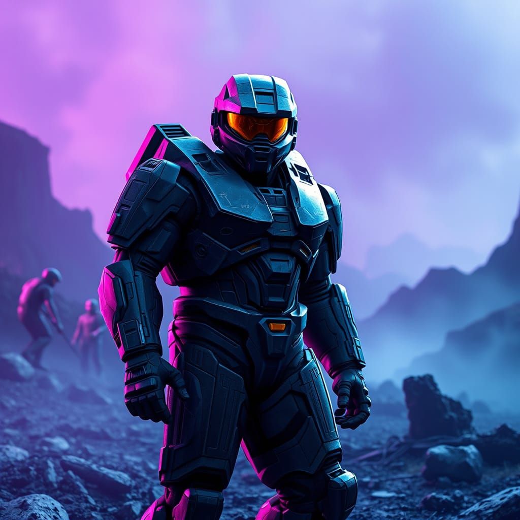 Heroic Figure in Sci-Fi Landscape with Sleek Armor