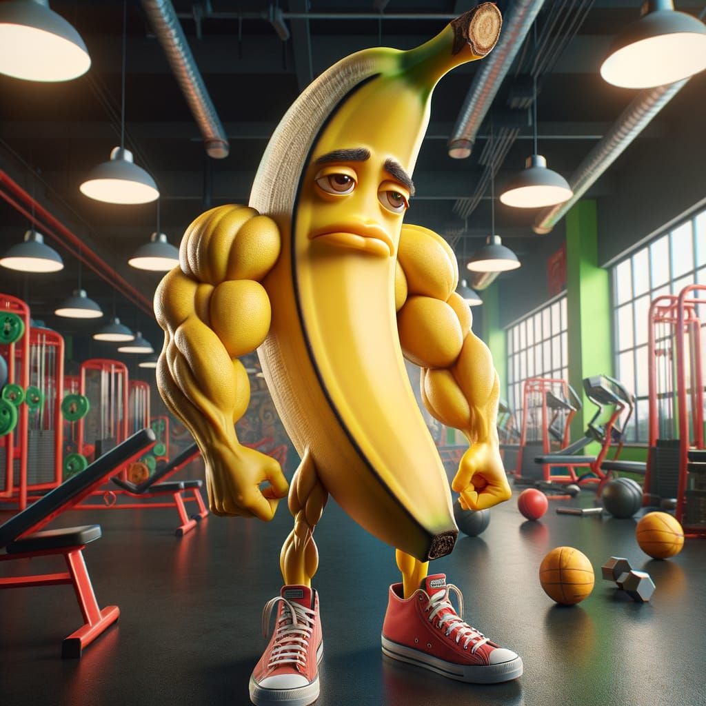 Muscular Banana Man Posing in Gym