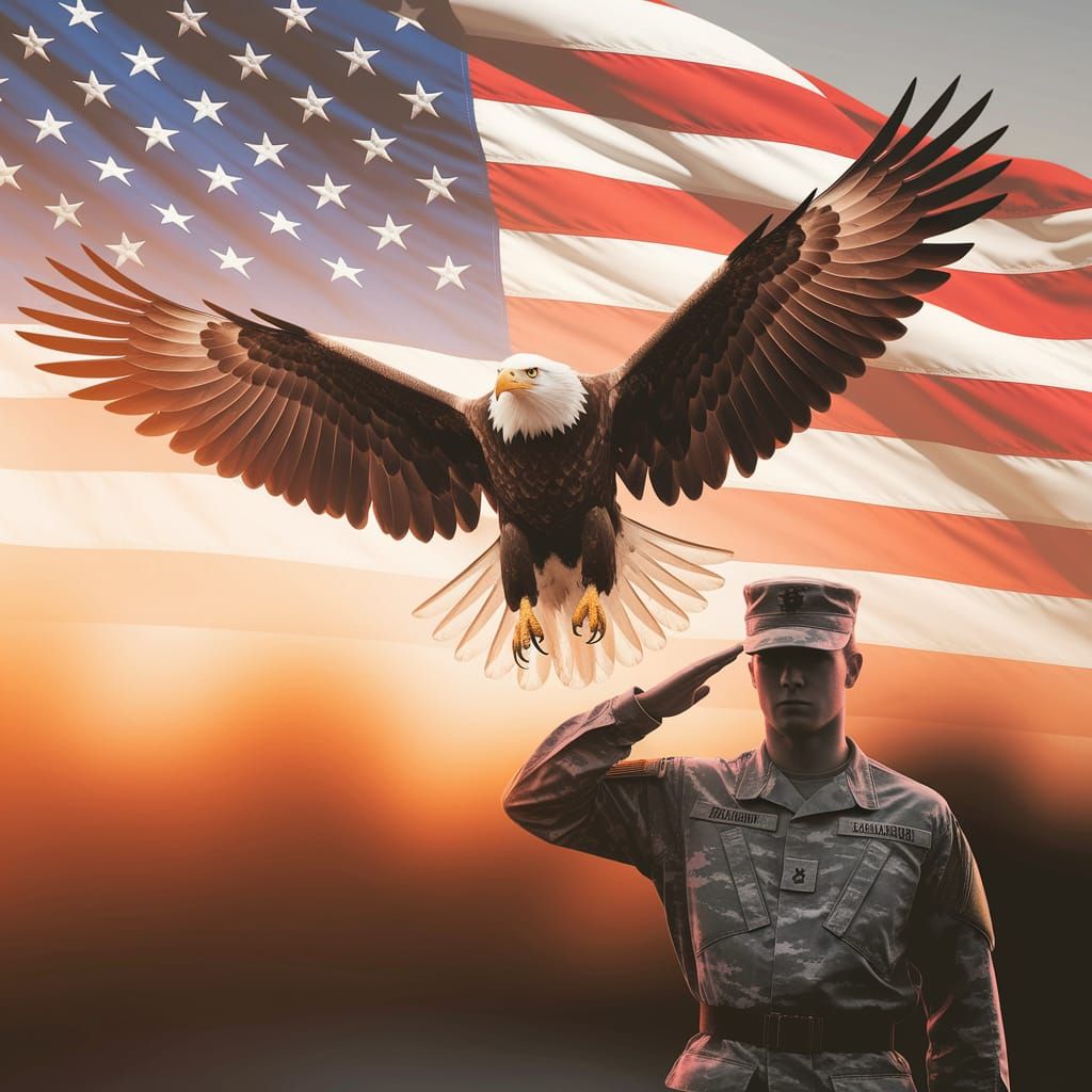 American Eagle Salutes Flag in Double Exposure