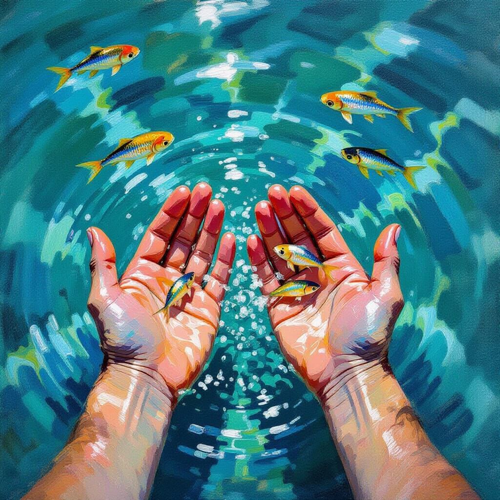 Hands Holding Fish in Rippling Water, Impressionist Style