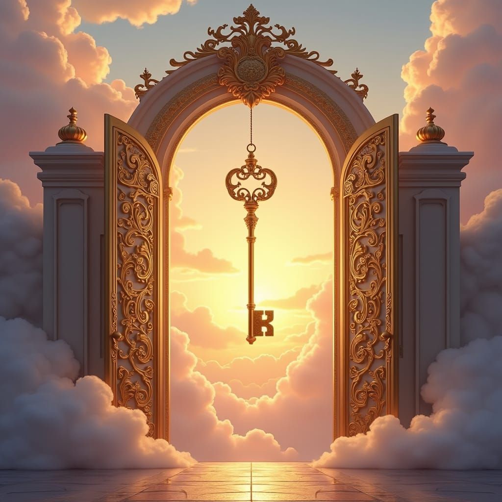 Ornate Gold Gate with Key in Dreamy Sunset
