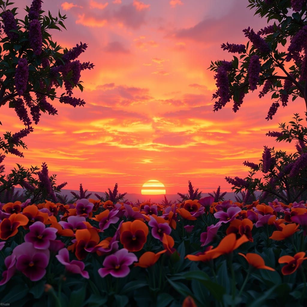 Vibrant Sunset Landscape with Blooming Flowers and Lilac Tre...