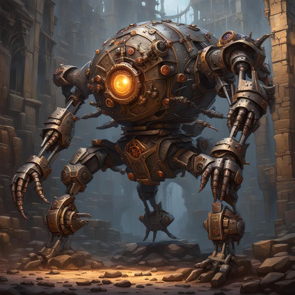 Steampunk Steel Defender Spider Golem: Detailed Fantasy Art