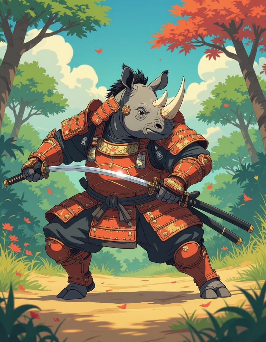 Rhino Samurai in Savanna Jungle, Anime Cel-Shaded Style