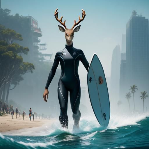 Colossal Anthro Deer Surfer Walking Through City