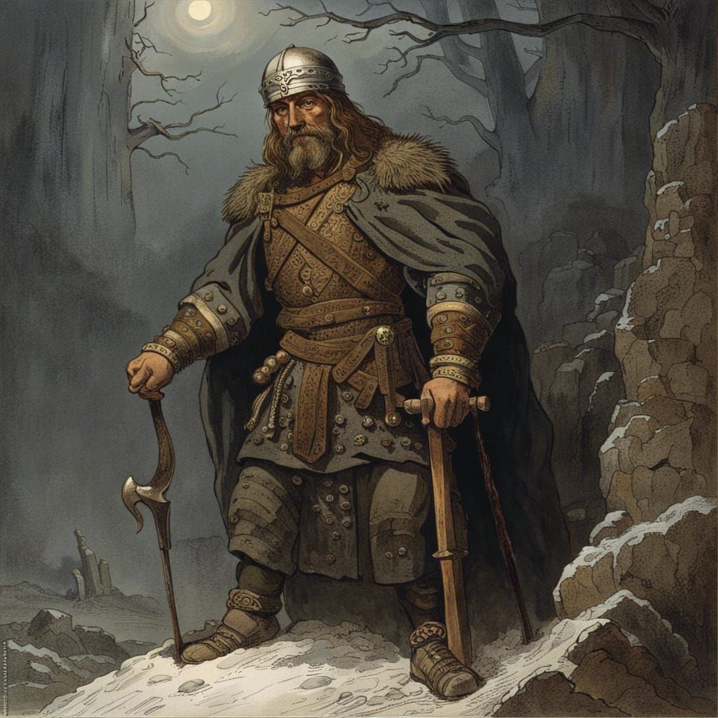 Slavic Warrior with Hammer Talisman in Horror Illustration S...