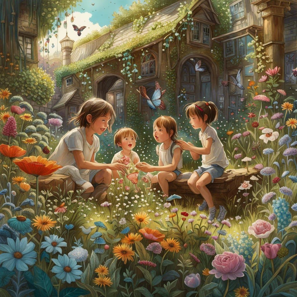 Children's Joy in Magical Garden, Art Brut Style