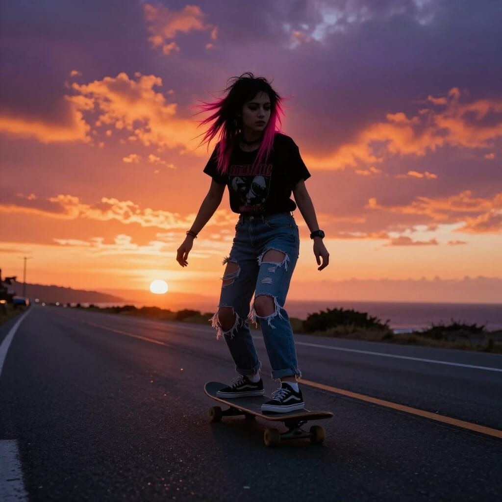 Punk Girl Longboarding at Fiery Sunset