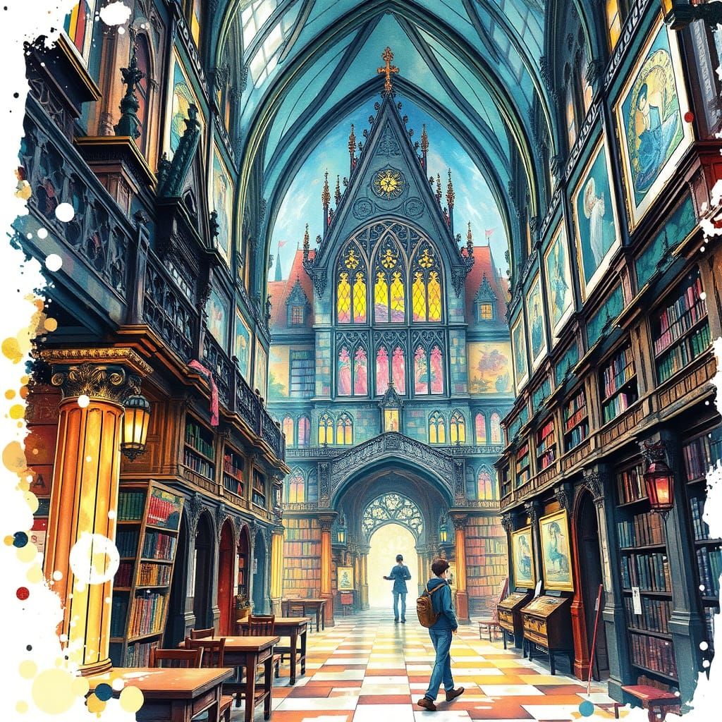 Gothic Library Bustling in Watercolor Alcohol Ink Style