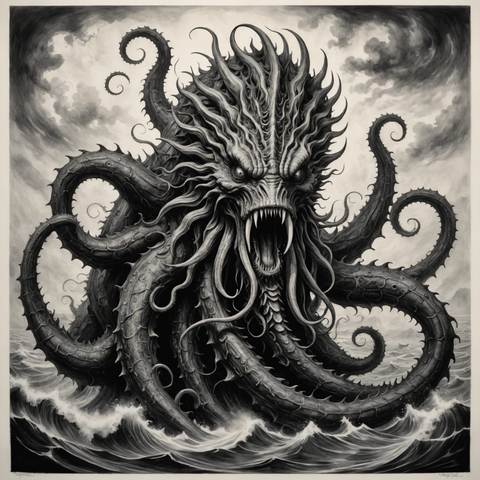Hyperdetailed Charcoal Drawing of a Sea Monster with Tentacl...