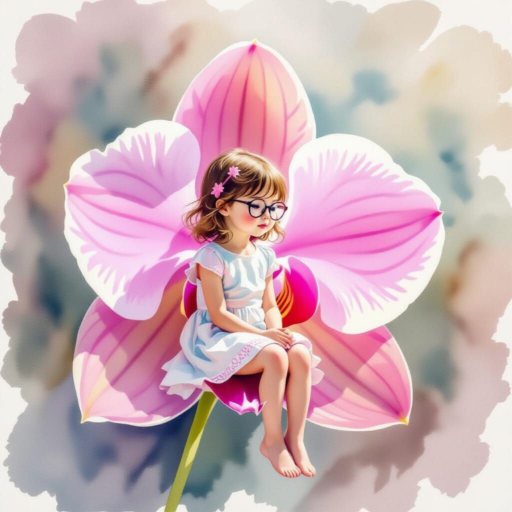 Vibrant Pink Orchid with Girl in Watercolor Style
