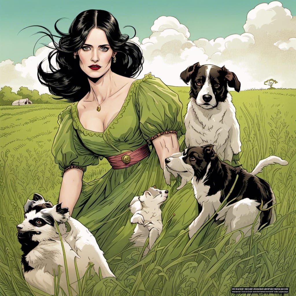 Regency Woman with Dogs in Comic Book Style