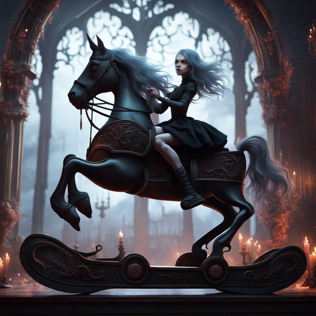 Ghost Girl on Gothic Rocking Horse: Fantasy Art