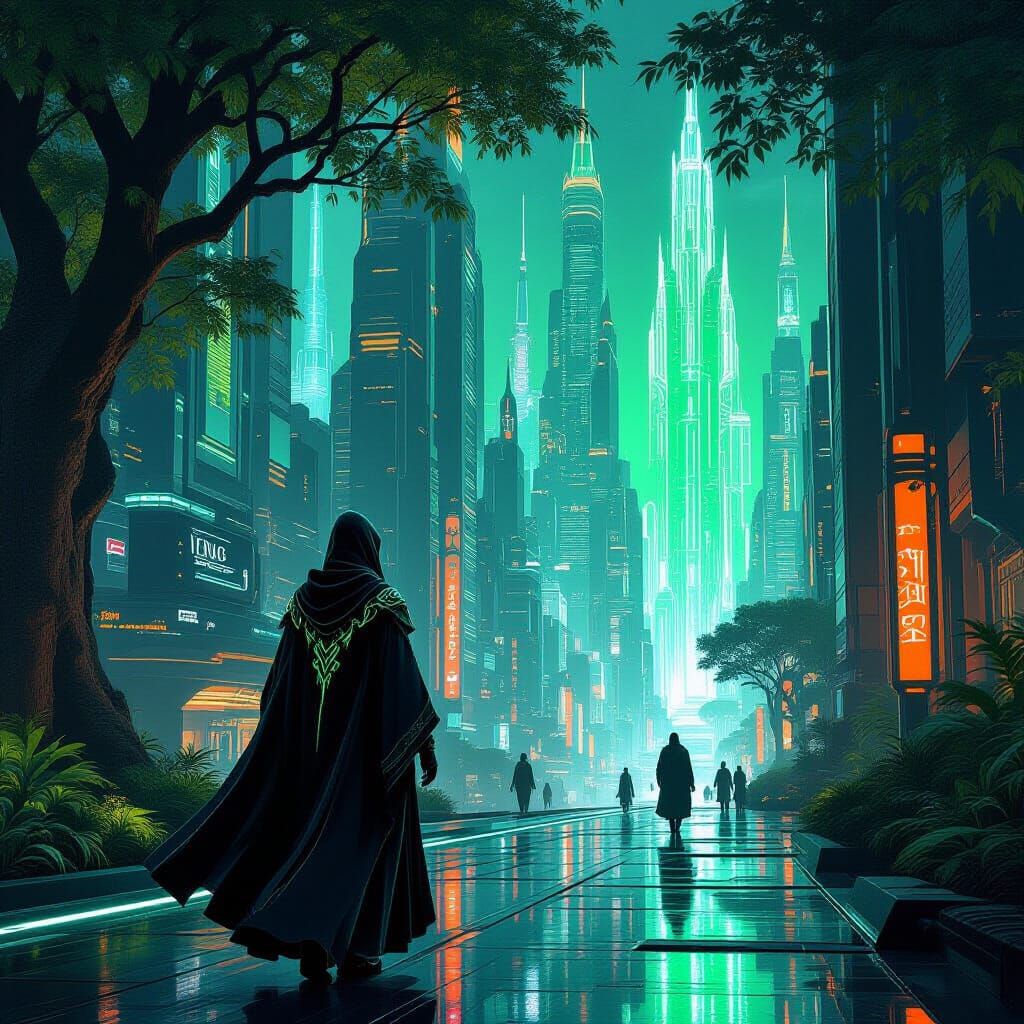 A futuristic elven city at night, neon green and orange lights reflecting, tree, magic and technology intertwined. Fanta...