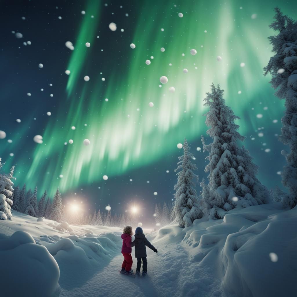 Children's Snowball Fight Under Northern Lights