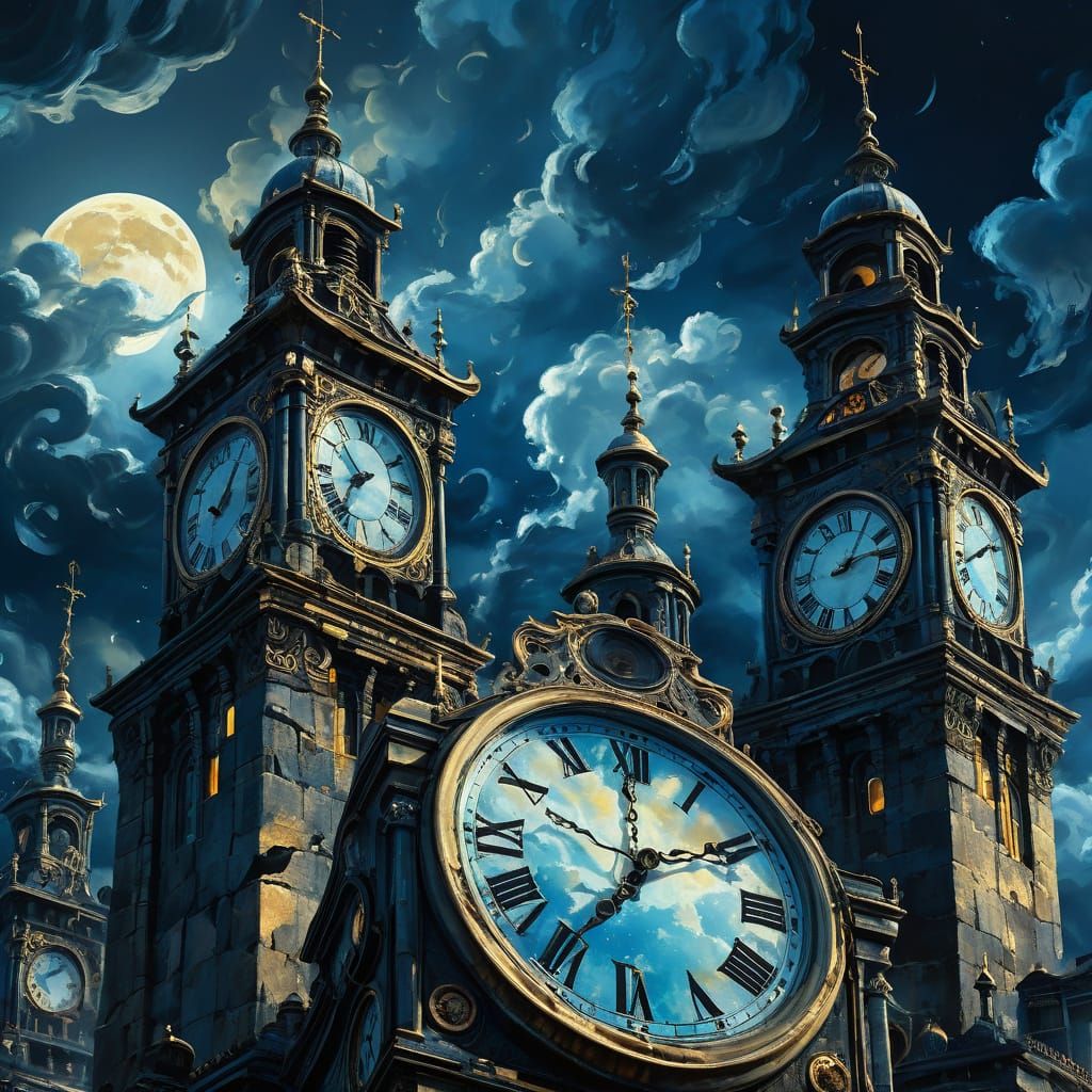 Surreal Moonlit Sky with Melting Clock Towers