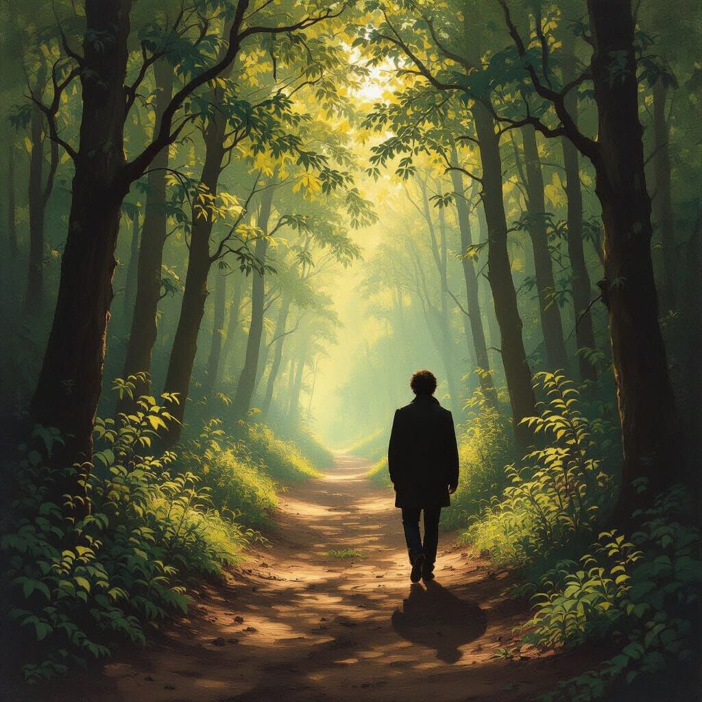 Lone Figure in Sun-Dappled Neo-Symbolist Forest