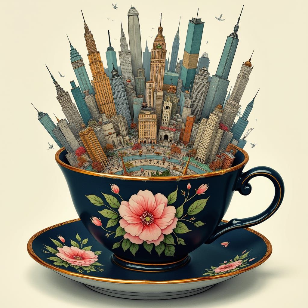 Cityscape Spills into Antique China Saucer in Whimsical Styl...