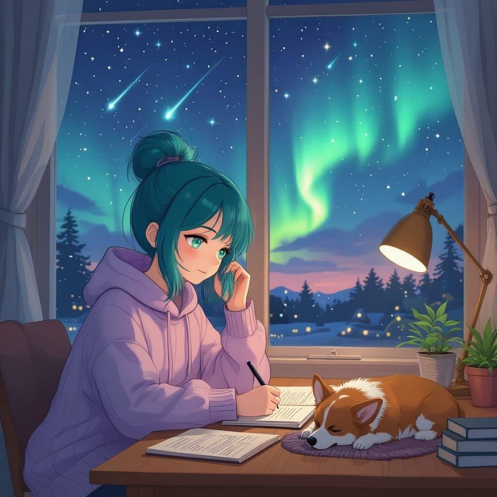 Lofi Girl Studying Under Aurora Borealis and Shooting Stars