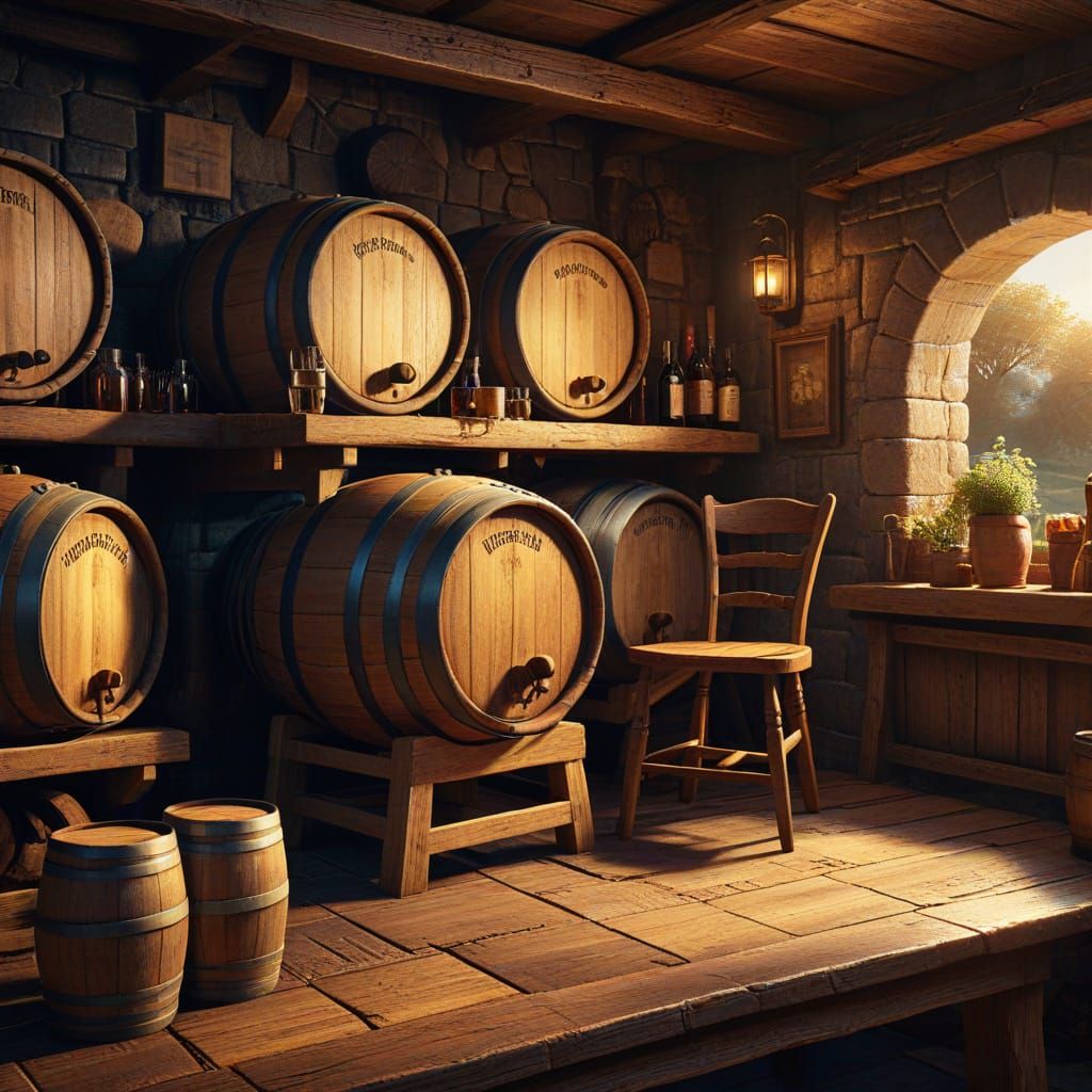 Fantasy Cellar with Painted Oak Barrels in Golden Light
