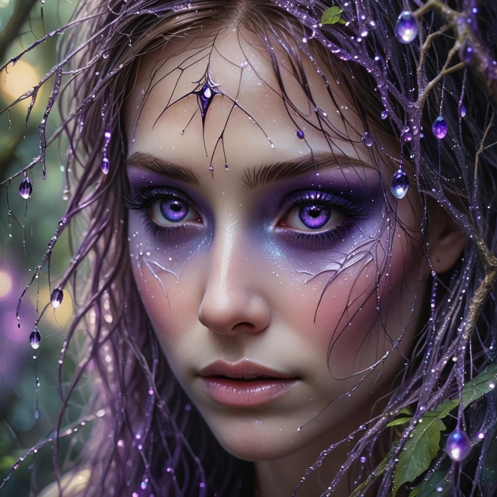 Woman's Eye Weeping Purple Tears in Enchanted Forest