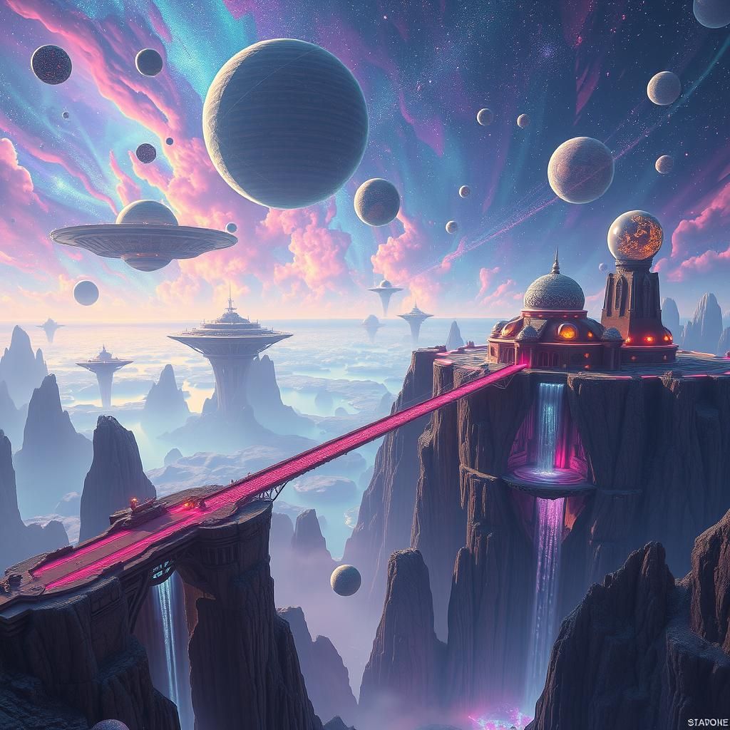 Iridescent Alien Skyscape with Floating Islands in 3D