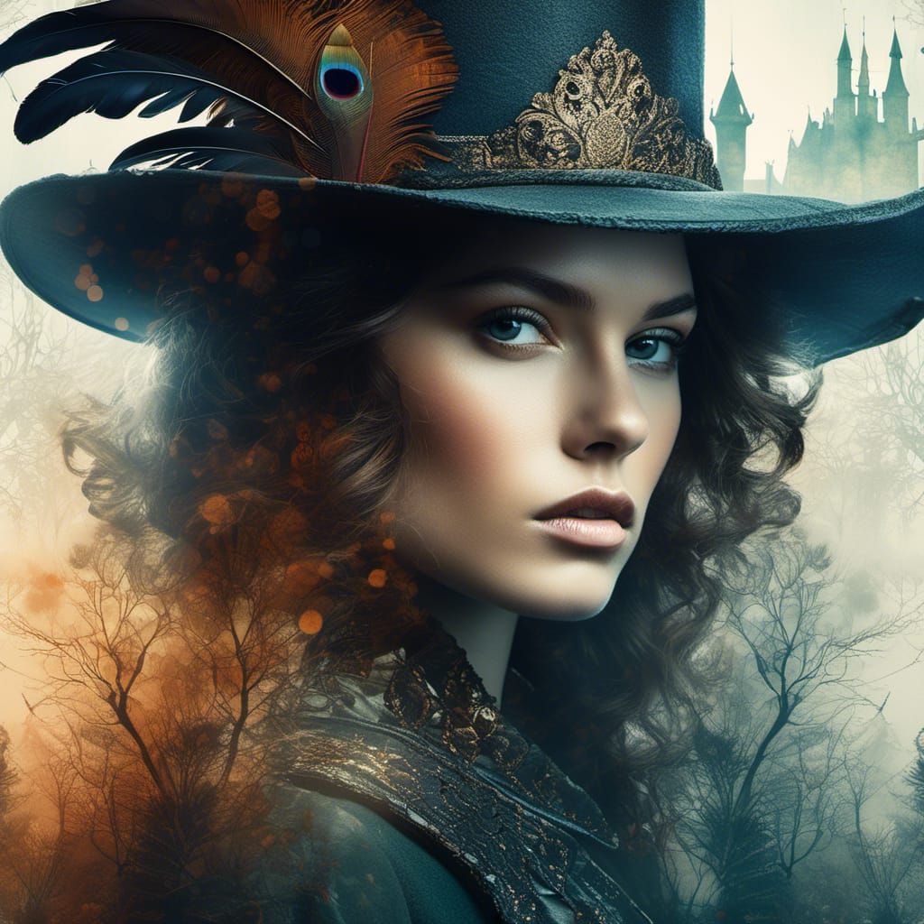 Musketeer Portrait in Double Exposure with Watercolor Elemen...