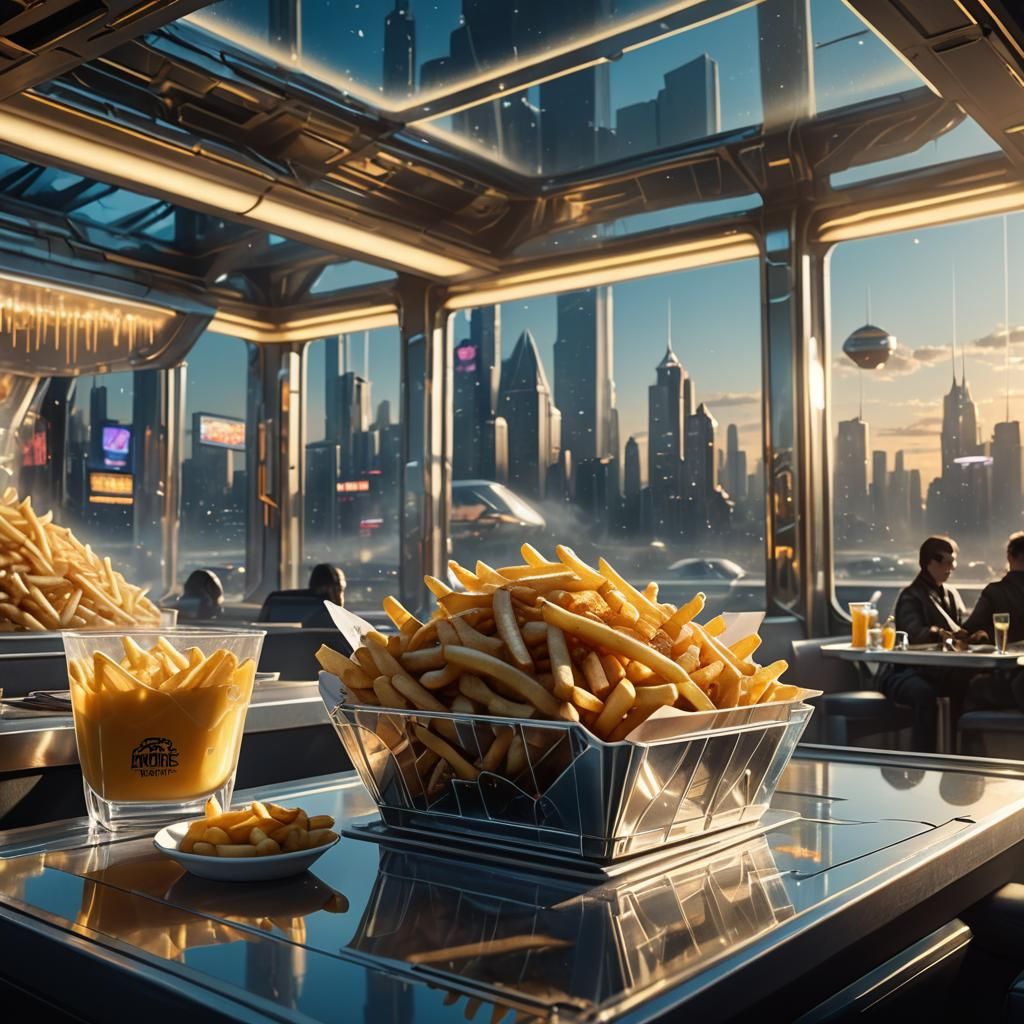 Cyberpunk Restaurant: Floating Fries in Golden Light