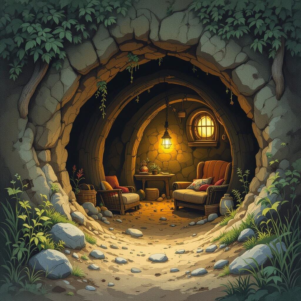 Cozy Underground Burrow with Whimsical Lighting